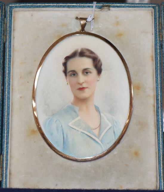 G. de Luca, oil on ivorine, Miniature portrait of a lady, signed, 10.5 x 8cm, leather cased